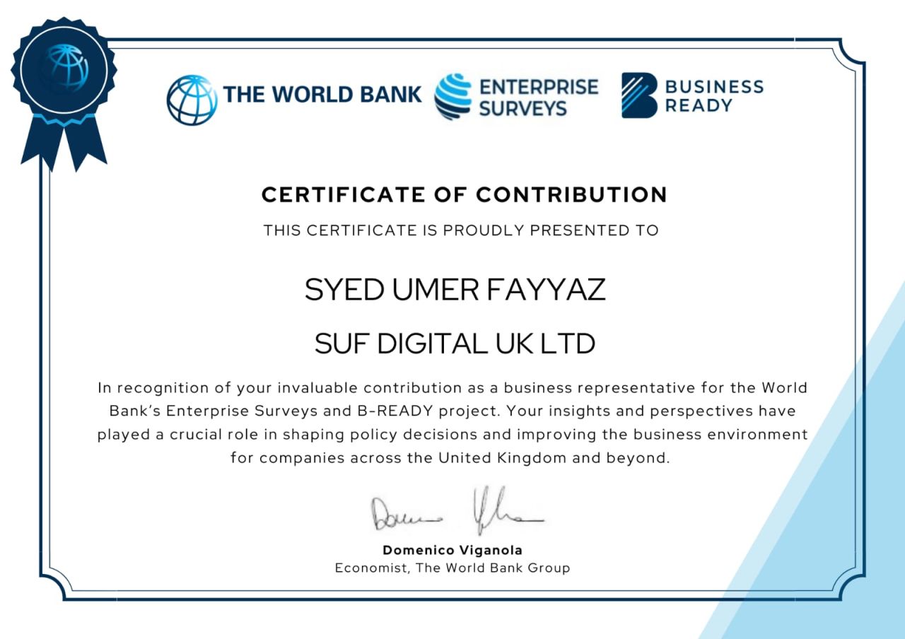 World Bank Group Certificate of Contribution awarded to Syed Umer Fayyaz, SUF Digital UK LTD